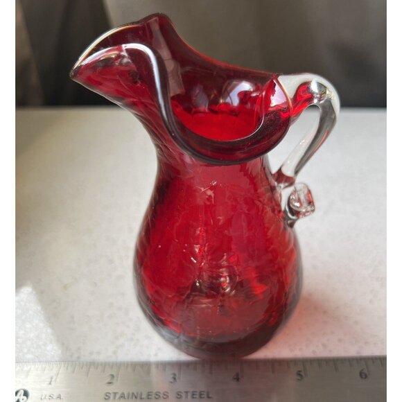 Blown Glass Red Vase Pitcher 5” Applied Clear Handle Crackle Glass Flute… - Picture 7 of 10